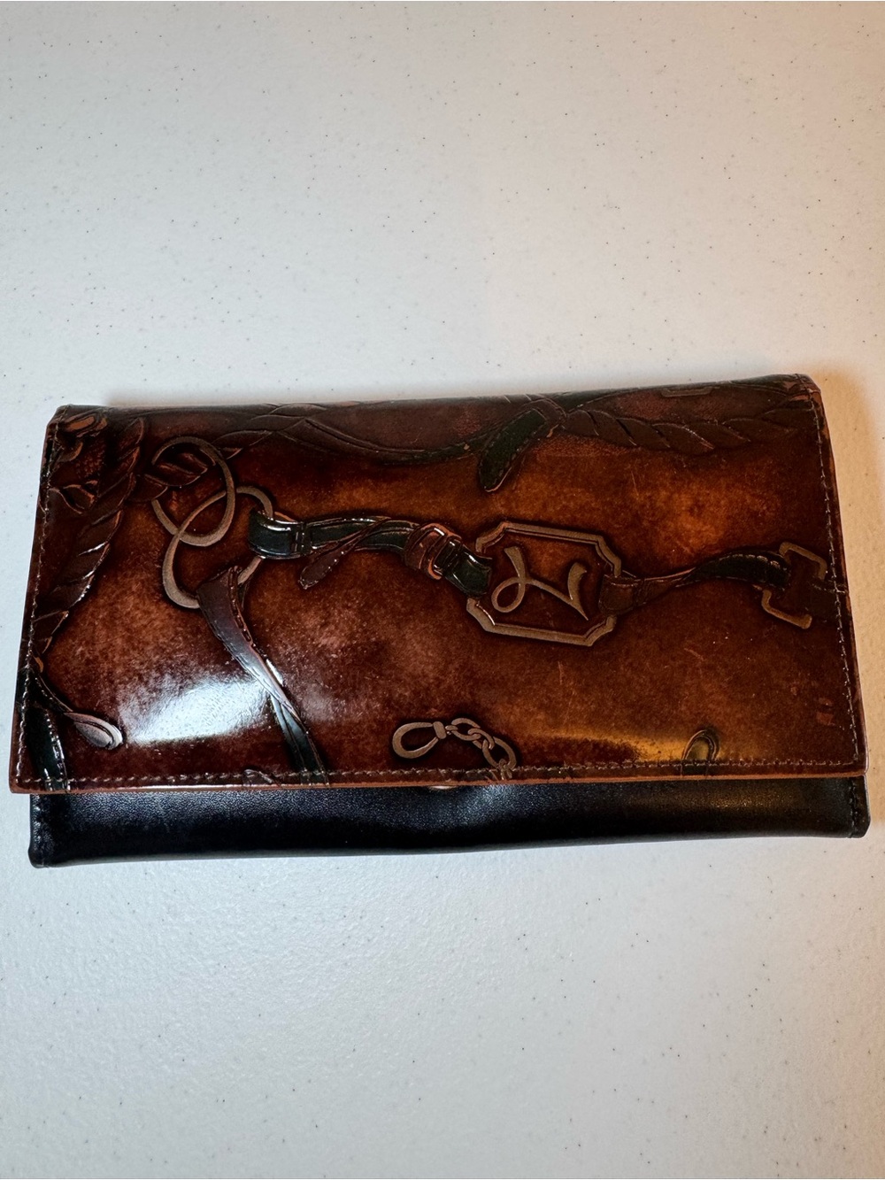 Leather Trifold Wallet in Brown and Black